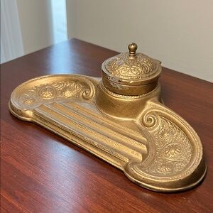Antique Jenning’s Brothers Brass Inkwell Cobalt Blue Glass Insert Scrollwork